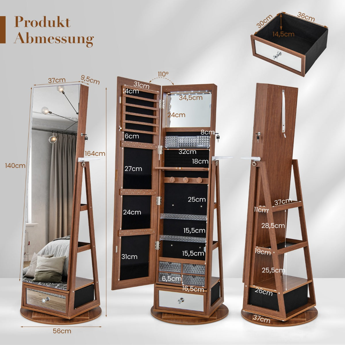 Schmuckschrank, Schmuckaufbewahrung, Schmuckschrank 360° drehbar Spiegelschrank mit Ganzkörperspiegel Braun, Costway, 3