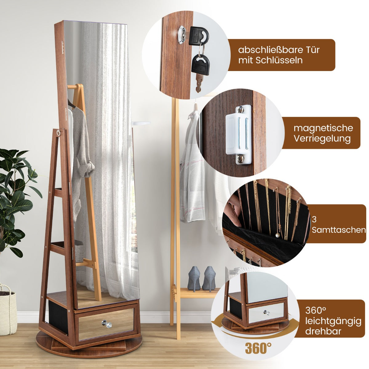 Schmuckschrank, Schmuckaufbewahrung, Schmuckschrank 360° drehbar Spiegelschrank mit Ganzkörperspiegel Braun, Costway, 5