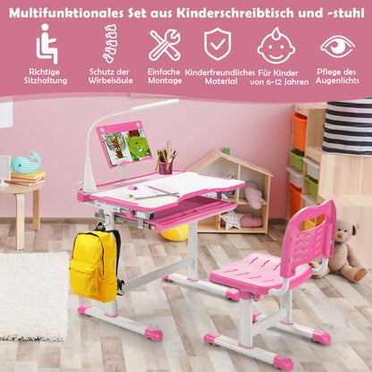 Schreibtisch Kinder, Kindertisch, Kinderschreibtisch Set, Tisch  Stuhl  mit Bücherständer, LED-Licht, Rosa, Costway, 3