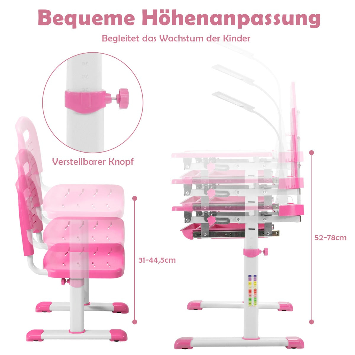 Schreibtisch Kinder, Kindertisch, Kinderschreibtisch Set, Tisch  Stuhl  mit Bücherständer, LED-Licht, Rosa, Costway, 5