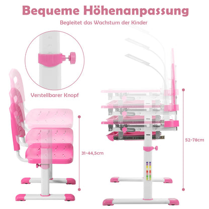 Schreibtisch Kinder, Kindertisch, Kinderschreibtisch Set, Tisch  Stuhl  mit Bücherständer, LED-Licht, Rosa, Costway, 5