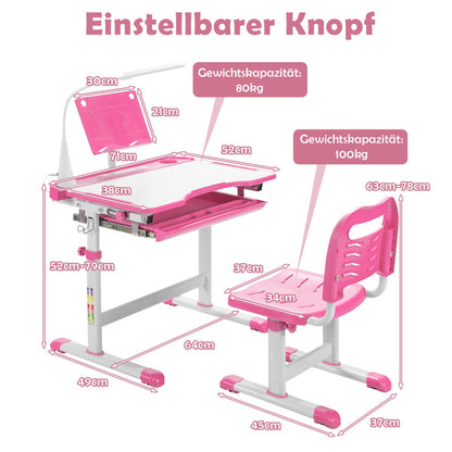 Schreibtisch Kinder, Kindertisch, Kinderschreibtisch Set, Tisch  Stuhl  mit Bücherständer, LED-Licht, Rosa, Costway, 7