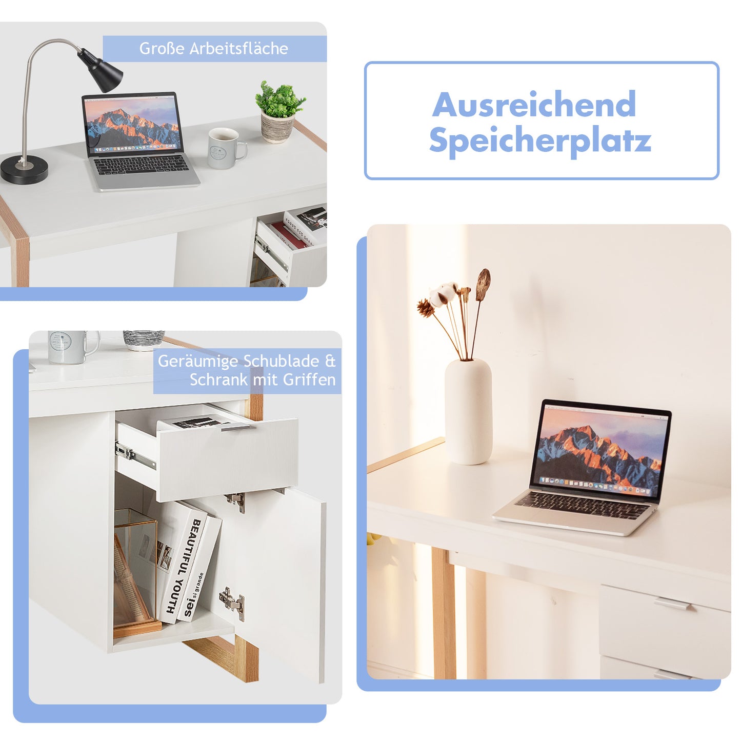 Schreibtisch, Schreibtisch mit Schublade, Kleiner Schreibtisch, Schreibtisch weiß mit Schubladen, Costway, 3