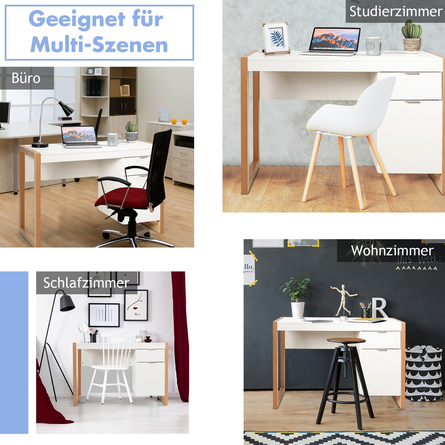 Schreibtisch, Schreibtisch mit Schublade, Kleiner Schreibtisch, Schreibtisch weiß mit Schubladen, Costway, 7