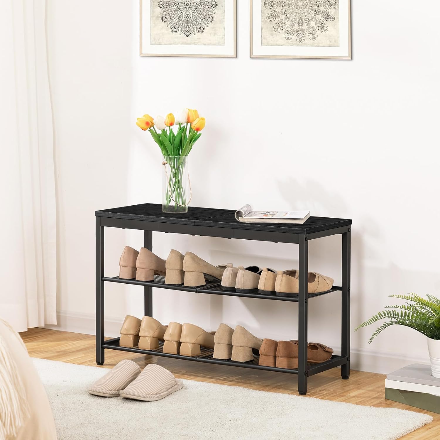 Schuhregal, 3 Ebenen, Schuhbank, mit 2 Netzablage, Schuhregal Schmal, 75x28.5x48.5cm, Schuhregal metall, Schwarz, HOOBRO, 1