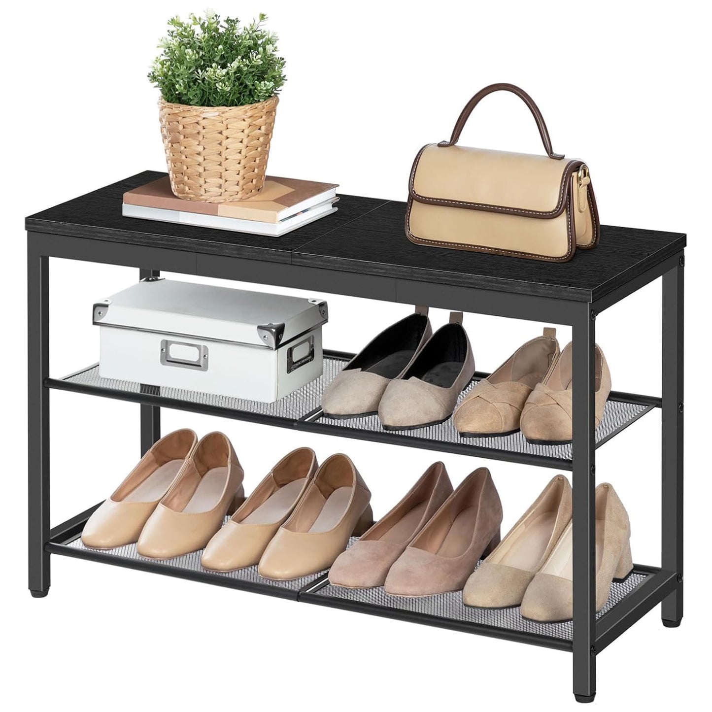 Schuhregal, 3 Ebenen, Schuhbank, mit 2 Netzablage, Schuhregal Schmal, 75x28.5x48.5cm, Schuhregal metall, Schwarz, HOOBRO, 7