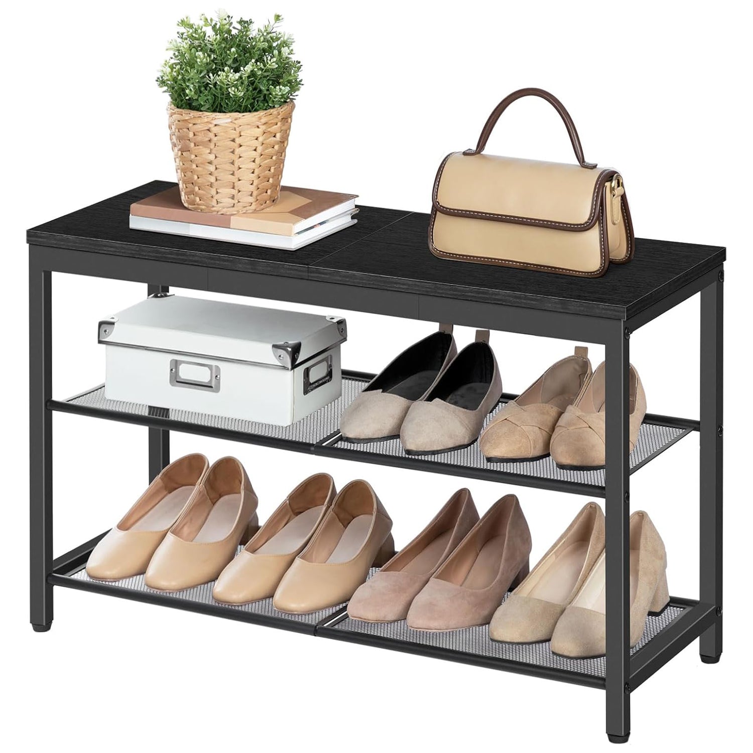 Schuhregal, 3 Ebenen, Schuhbank, mit 2 Netzablage, Schuhregal Schmal, 75x28.5x48.5cm, Schuhregal metall, Schwarz, HOOBRO, 7