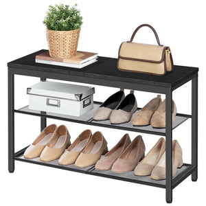 Schuhregal, 3 Ebenen, Schuhbank, mit 2 Netzablage, Schuhregal Schmal, 75x28.5x48.5cm, Schuhregal metall, Schwarz, HOOBRO, 7