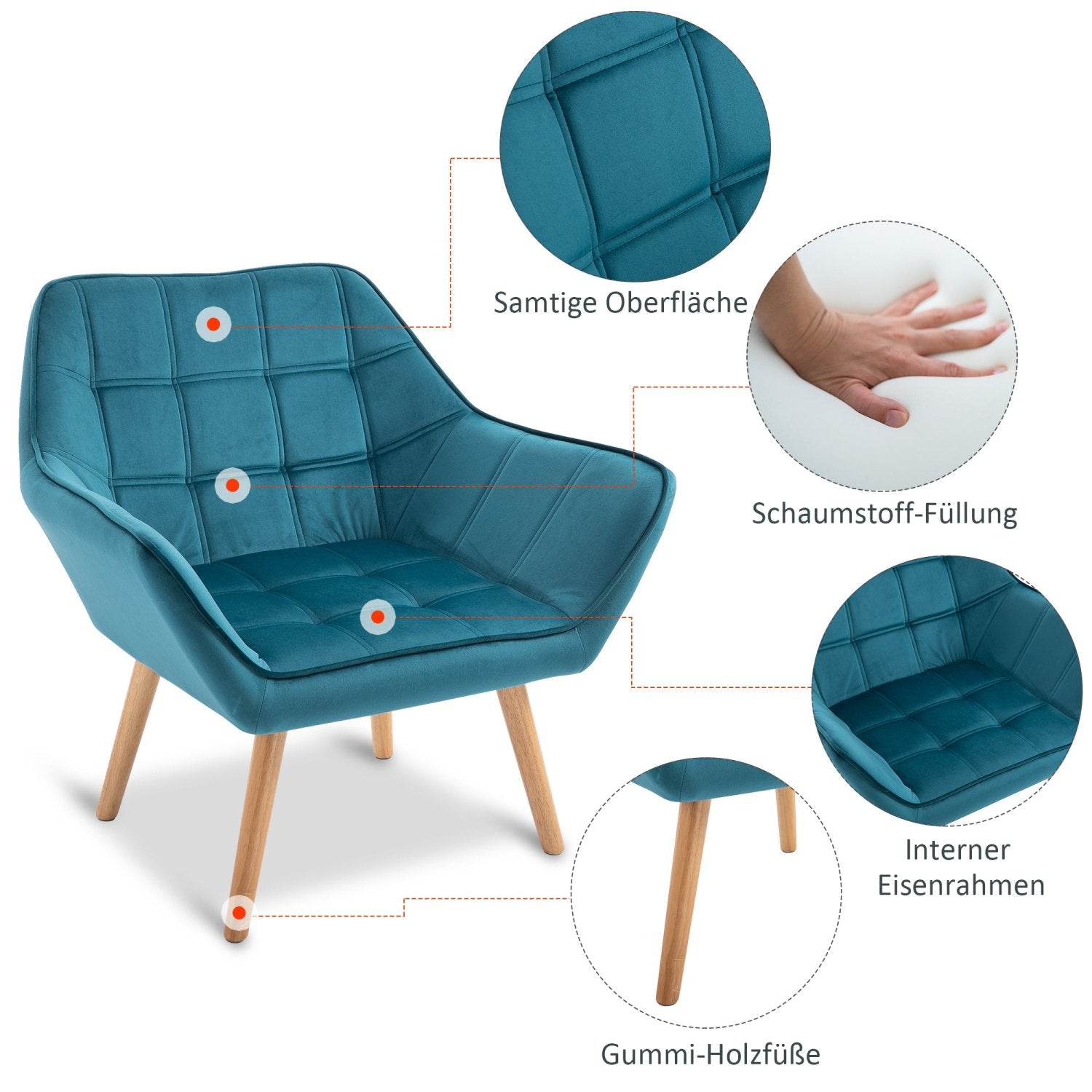 Sessel Modern, Einzelsessel, TV Sessel, Ohrensessel Relaxsessel, Samt, erhöhte Beine, HOMCOM, 3