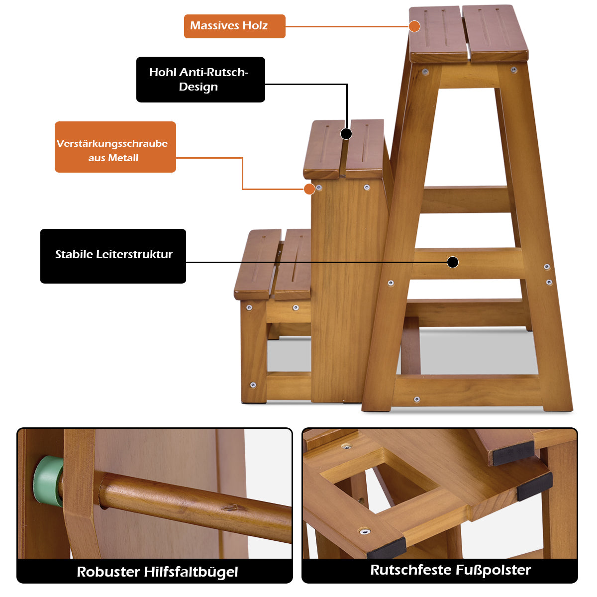Trittleiter Holz, Tritthocker Klappbar, Hockerleiter Trittstuhl Tritthocker Trittleiter klappbar 3 Stufen, Walnuss, Castway, 4