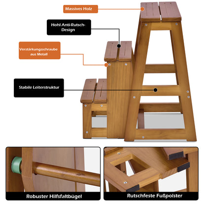 Trittleiter Holz, Tritthocker Klappbar, Hockerleiter Trittstuhl Tritthocker Trittleiter klappbar 3 Stufen, Walnuss, Castway, 4