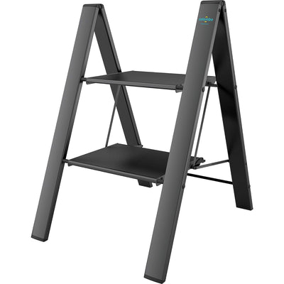 Trittleiter, Trittleiter 2 stufen, Trittleiter Klappbar, Stabil, bis 150 kg, Rutschfeste, Leichte Leiter, Colombo Leonardo 2 Schwarz, 1