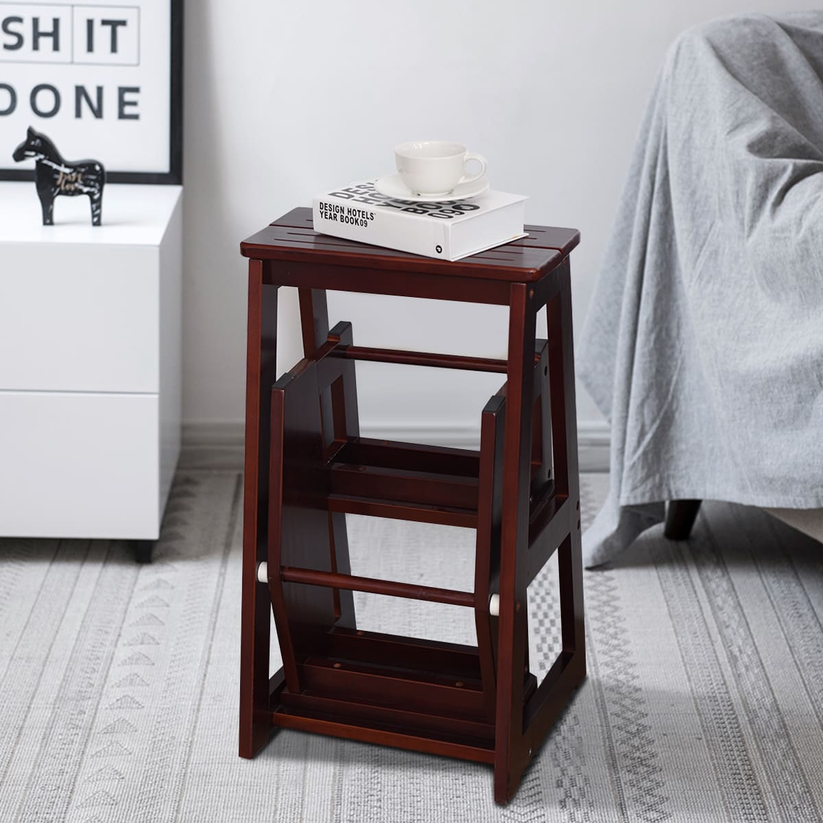 Trittleiter, Trittleiter Holz, Tritthocker klappbar, Leiter Stuhl Hockerleiter Trittstuhl Tritthocker, Braun, Castway, 2