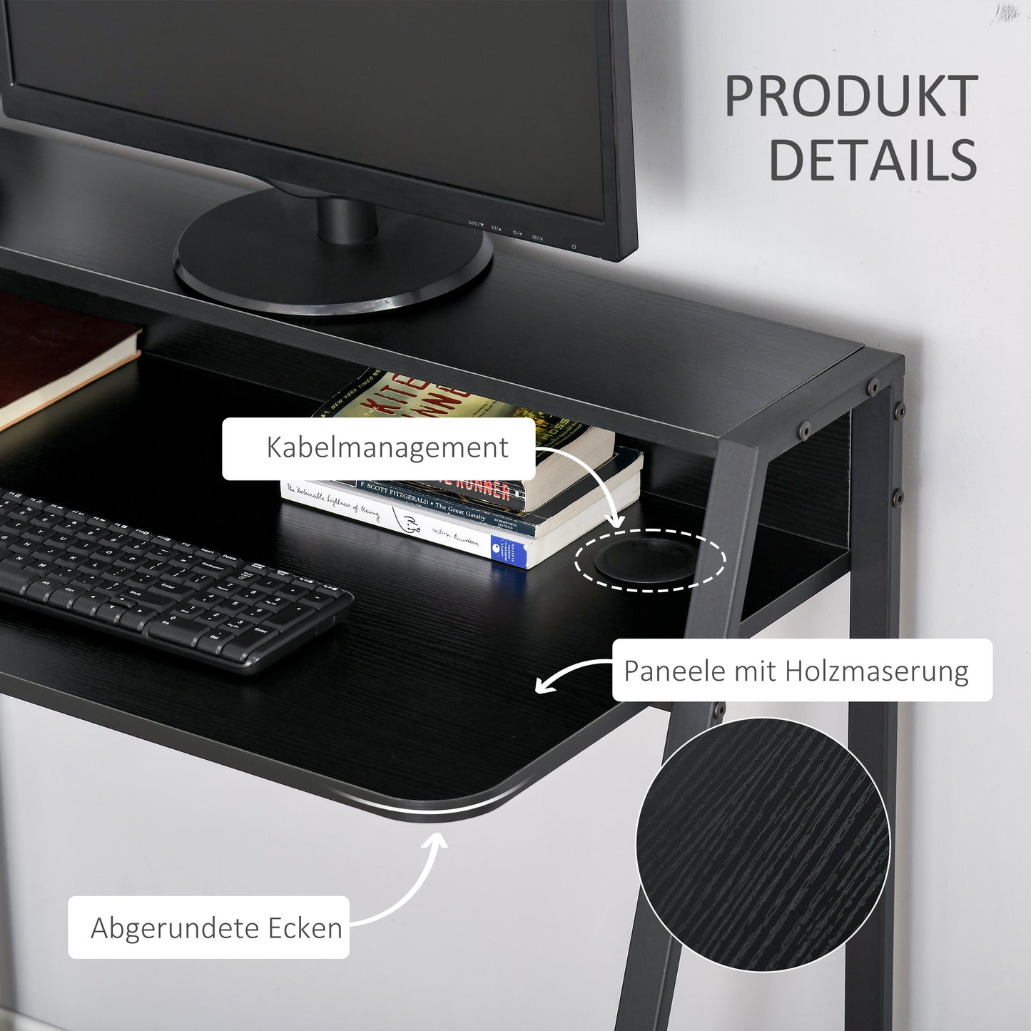 HOMCOM - Computertisch Stilvoller Schreibtisch mit Ablage & Kabelmanagement, Metall, Schwarz, 84x45x85cm