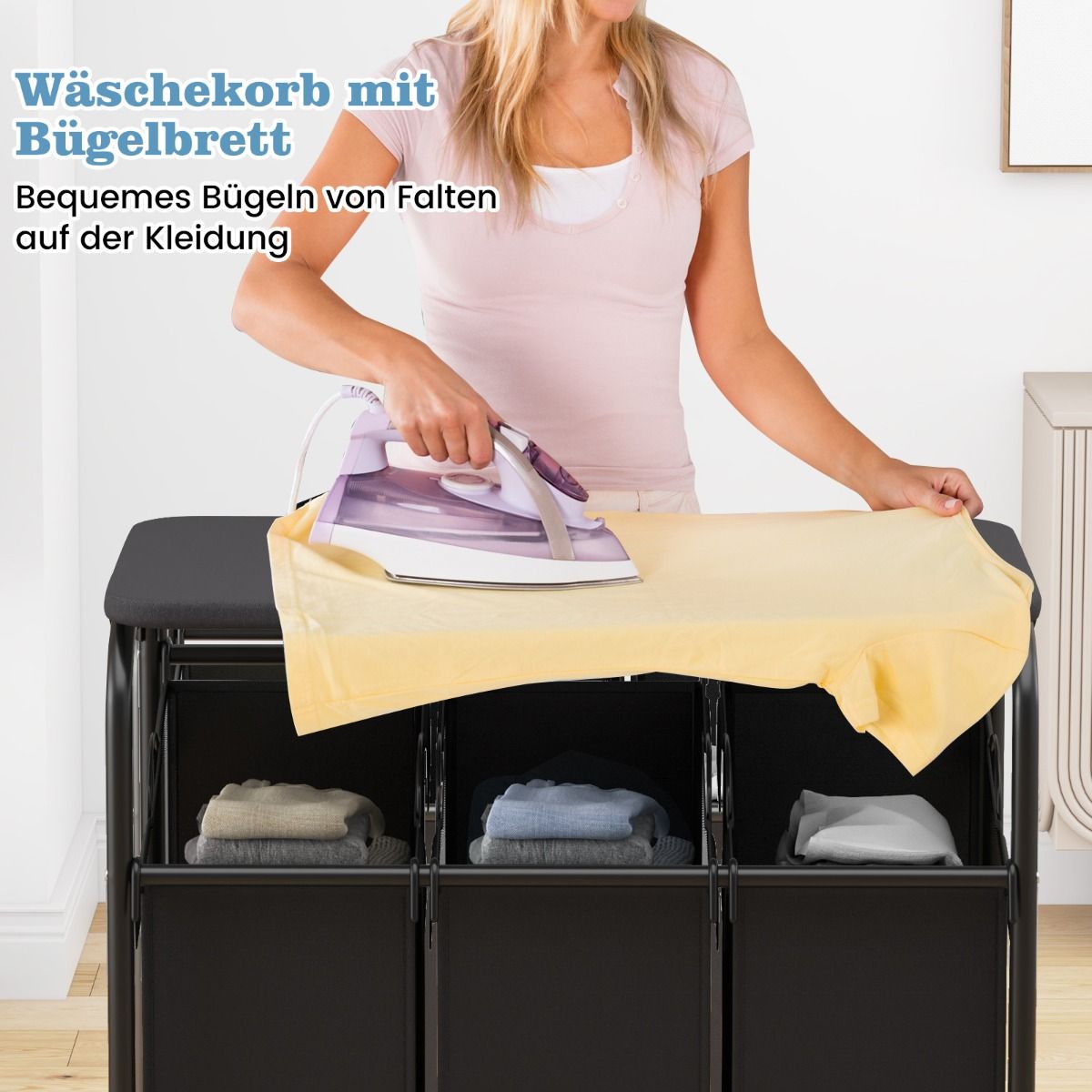 Wäschekorb, Bügelbrett, Wäschesammler, 3 Fächer, mit Rollen, Bügelbrett, 80,5 X 41,5 cm, Costway, 4