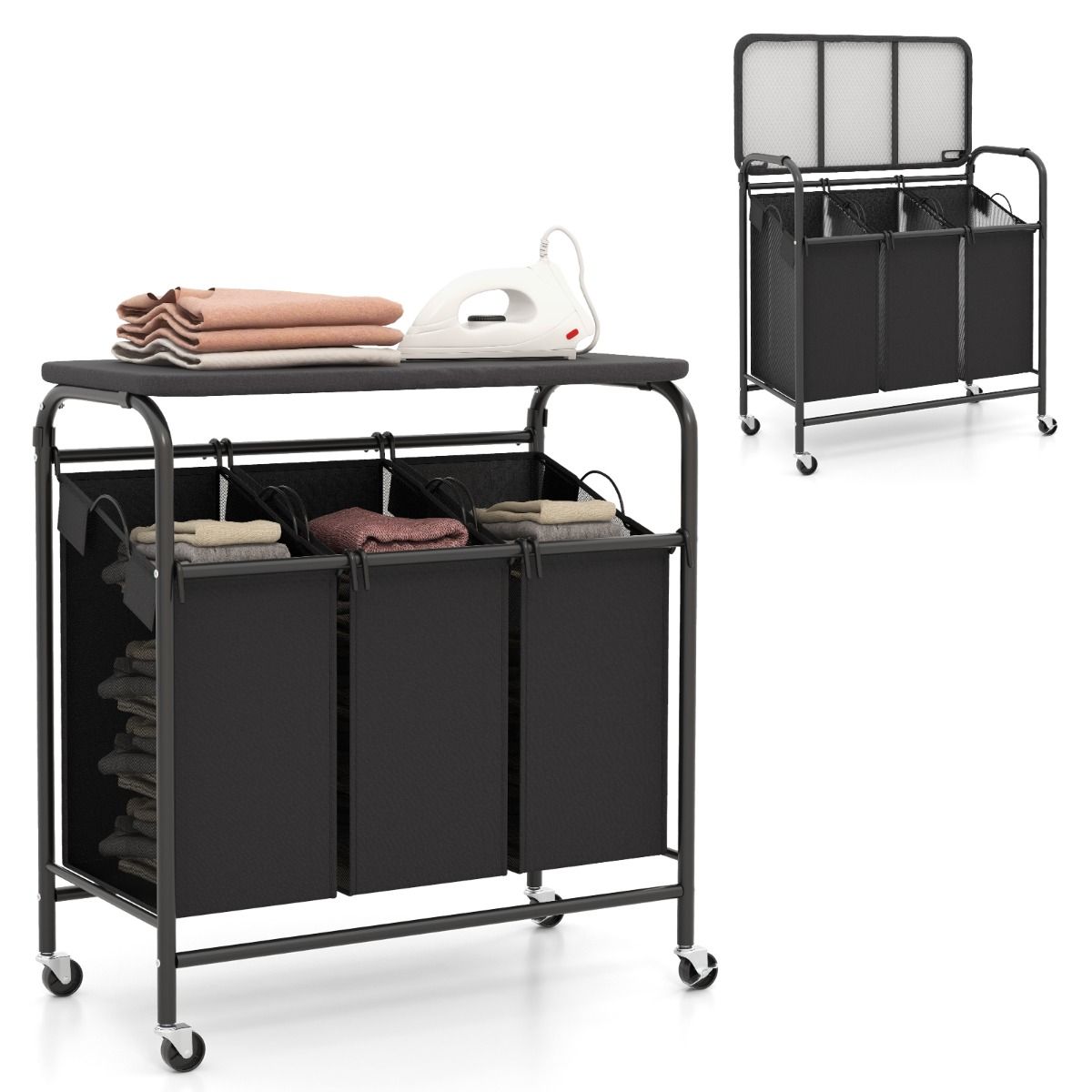 Wäschekorb, Bügelbrett, Wäschesammler, 3 Fächer, mit Rollen, Bügelbrett, 80,5 X 41,5 cm, Costway, 3