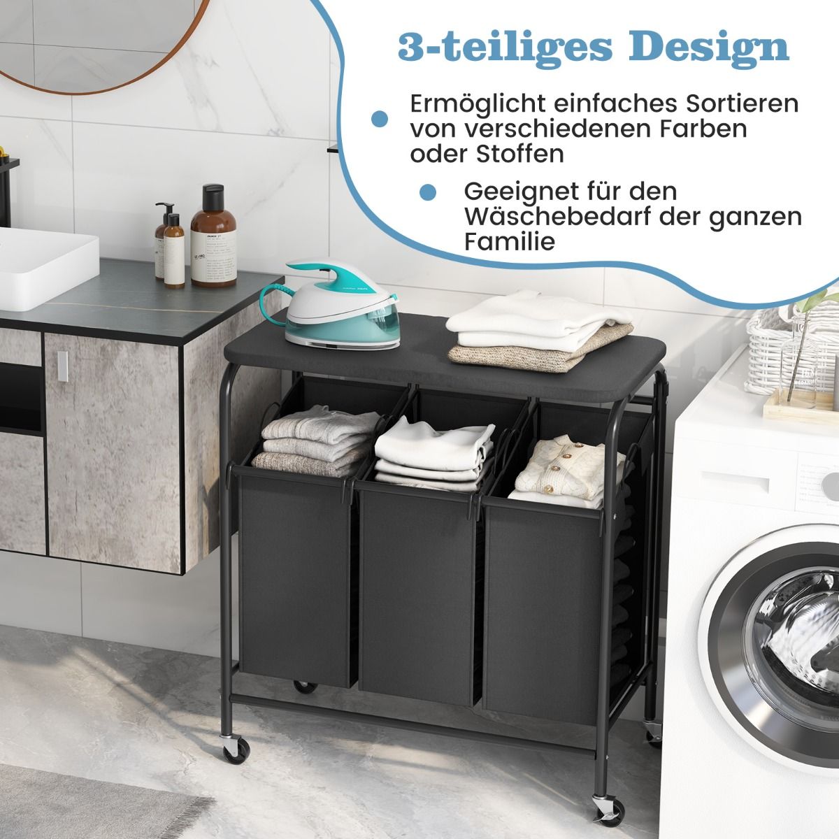 Wäschekorb, Bügelbrett, Wäschesammler, 3 Fächer, mit Rollen, Bügelbrett, 80,5 X 41,5 cm, Costway, 6