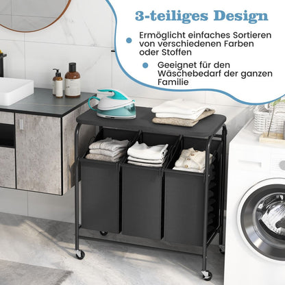 Wäschekorb, Bügelbrett, Wäschesammler, 3 Fächer, mit Rollen, Bügelbrett, 80,5 X 41,5 cm, Costway, 6
