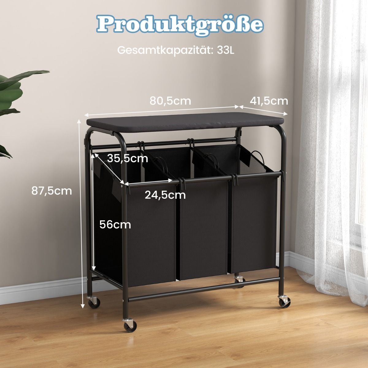 Wäschekorb, Bügelbrett, Wäschesammler, 3 Fächer, mit Rollen, Bügelbrett, 80,5 X 41,5 cm, Costway, 7