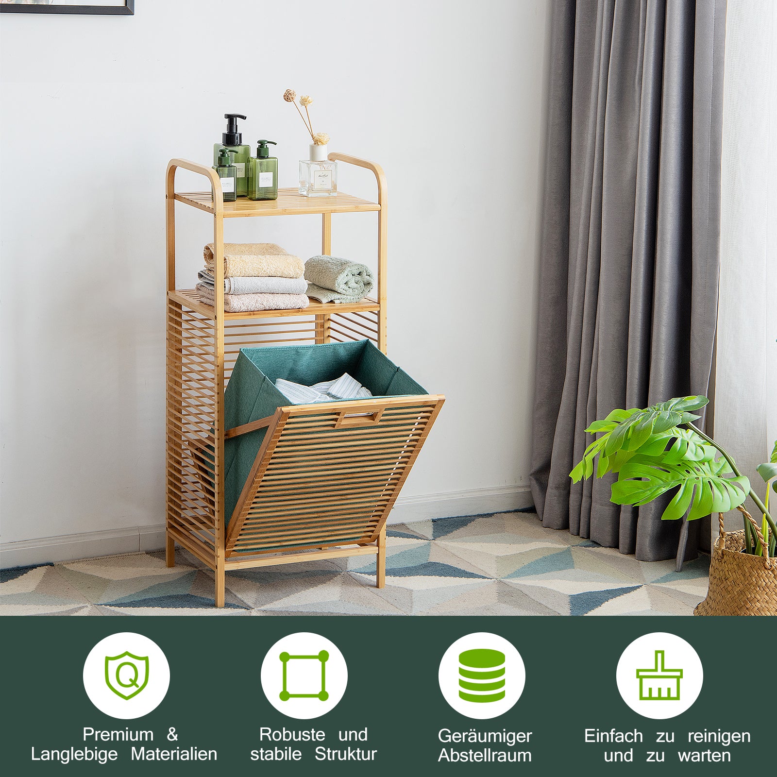 Wäschekorb, Wäschekorb Regal, Badschrank mit Wäschekorb, Ausklappbarer Wäschekorb, Wäschekorb mit Ablage, Costway, 2