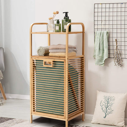 Wäschekorb, Wäschekorb Regal, Badschrank mit Wäschekorb, Ausklappbarer Wäschekorb, Wäschekorb mit Ablage, Costway, 7