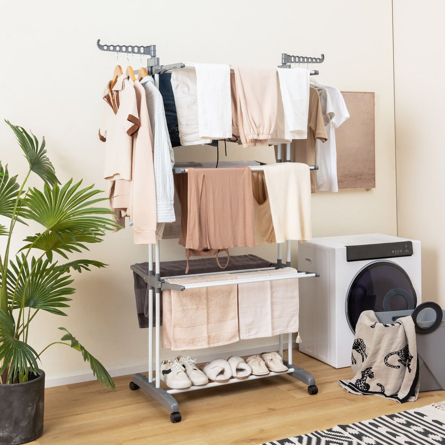 Wäscheständer Klappbar, Wäscheständer Turm, Wäscheständer Hoch, 3-stufiger Wäscheständer, Grau, Castway, 1