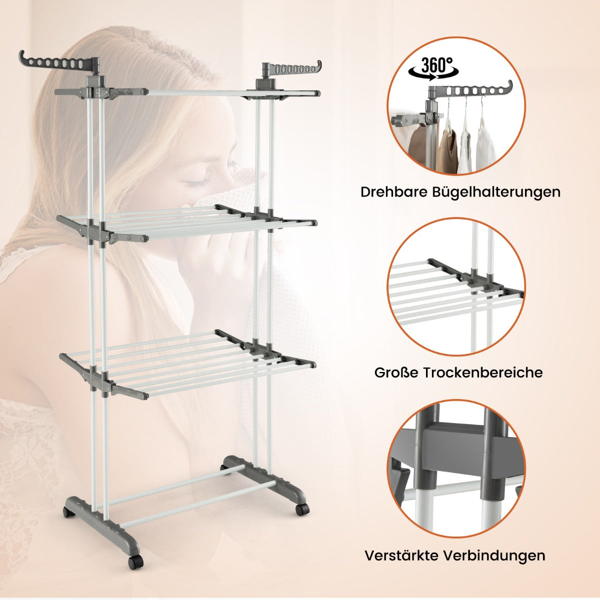 Wäscheständer Klappbar, Wäscheständer Turm, Wäscheständer Hoch, 3-stufiger Wäscheständer, Grau, Castway, 2