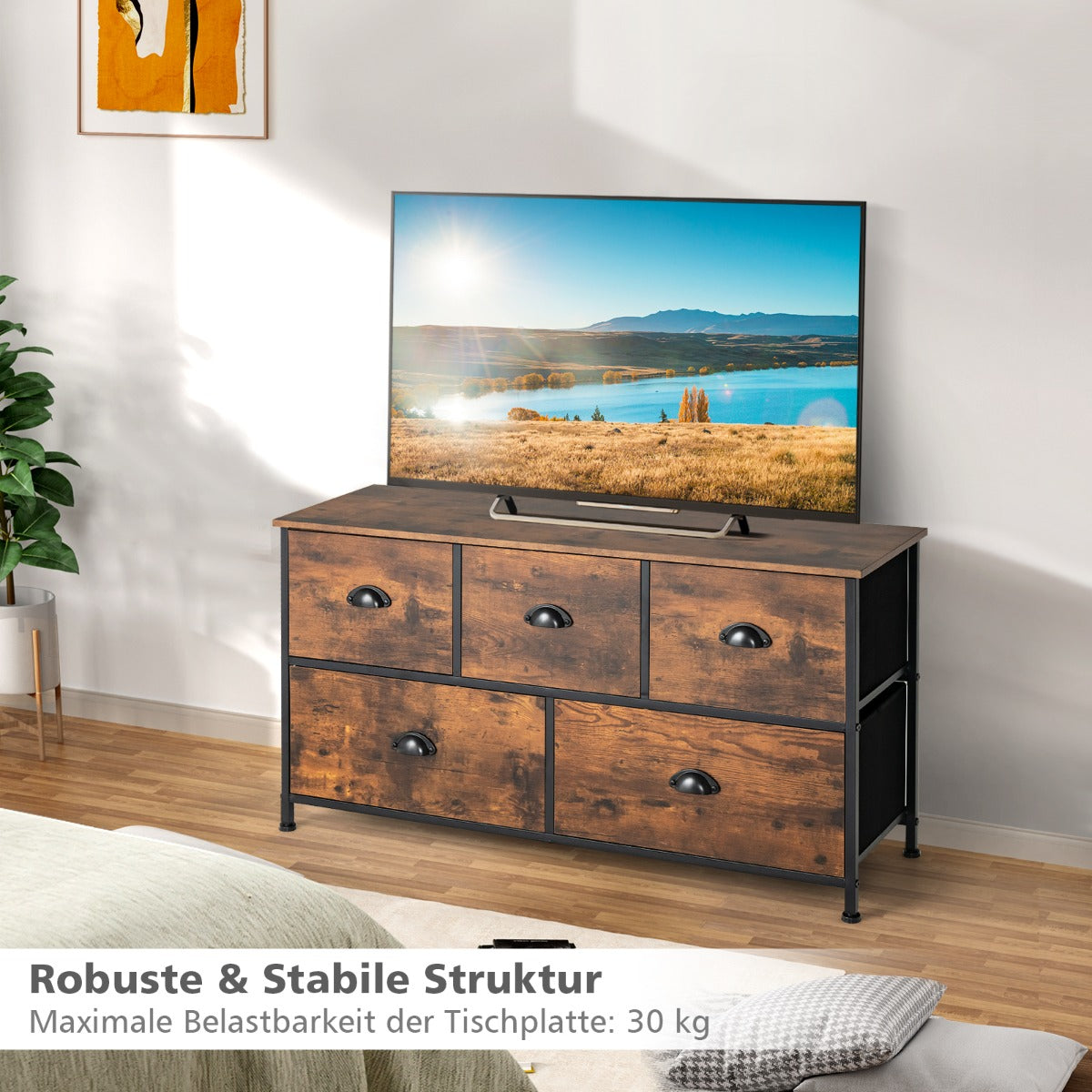 TV-Schrank, 2-stöckige Rustikale Kommode mit 5 Schubladen & Faltbaren Stoffschubladen, Braun, Costway