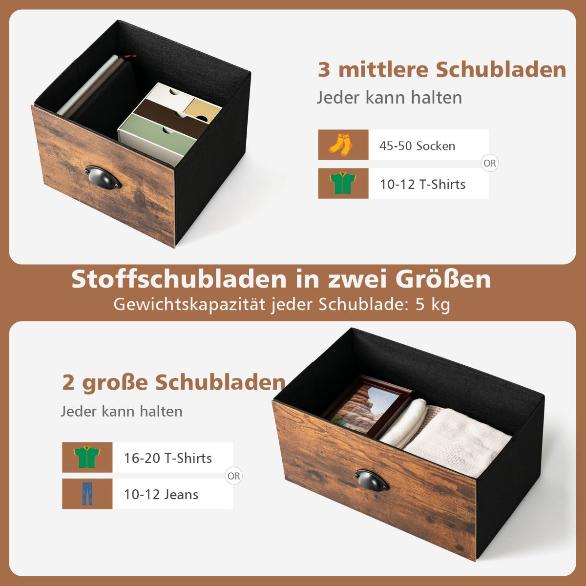 TV-Schrank, 2-stöckige Rustikale Kommode mit 5 Schubladen & Faltbaren Stoffschubladen, Braun, Costway, 4