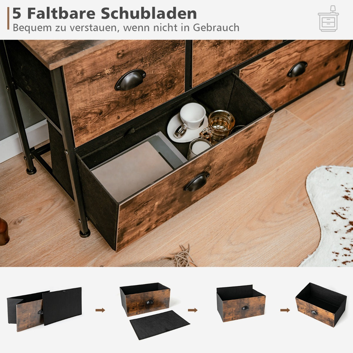 TV-Schrank, 2-stöckige Rustikale Kommode mit 5 Schubladen & Faltbaren Stoffschubladen, Braun, Costway, 3