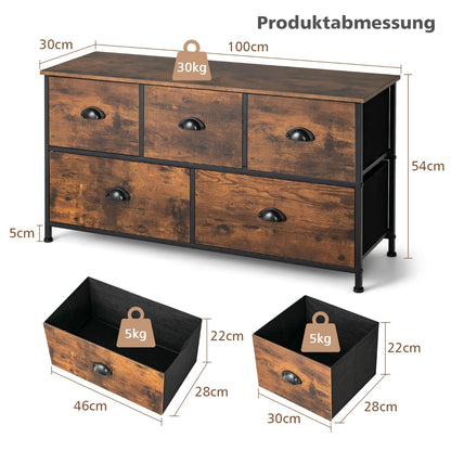 TV-Schrank, 2-stöckige Rustikale Kommode mit 5 Schubladen & Faltbaren Stoffschubladen, Braun, Costway, 7
