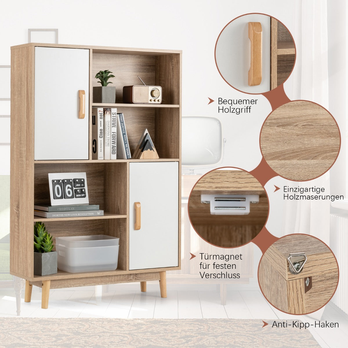 Costway - Bücherregal, Bücherregal 4-stöckiges, Bücherregal mit 2 Türen 4 offene Regale, 80 x 24 x 120 cm, Weiß, 5