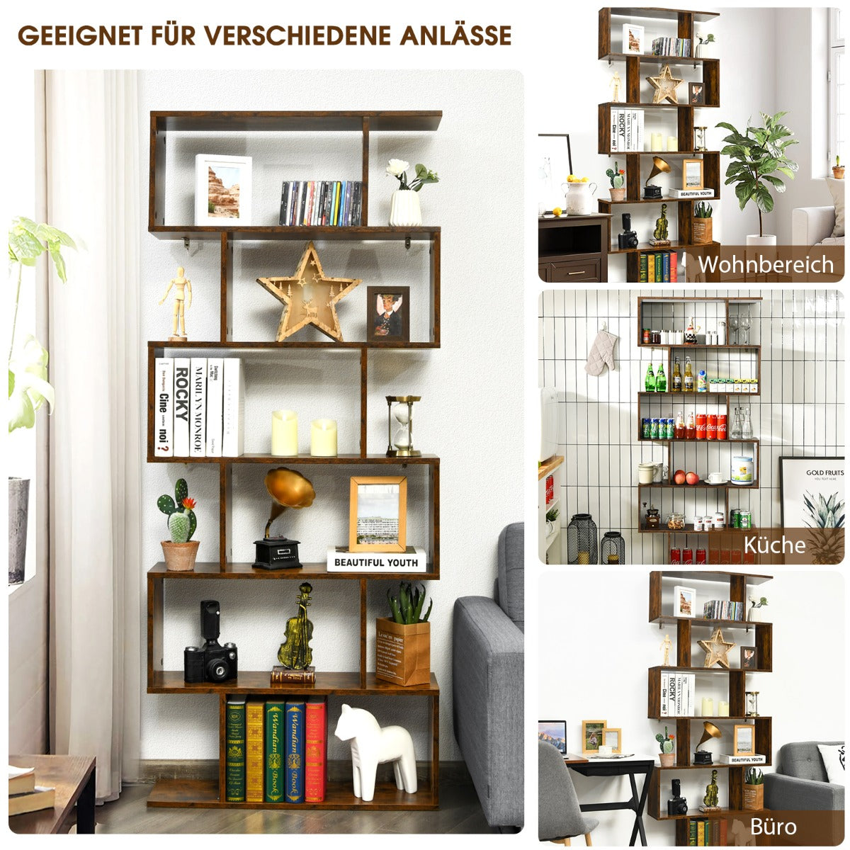 Bücherregal, Bücherregal 6 Ebenen, Standregal S-Form, Aufbewahrungsregal, Holz, Farbwahl-Braun, Costway, 4
