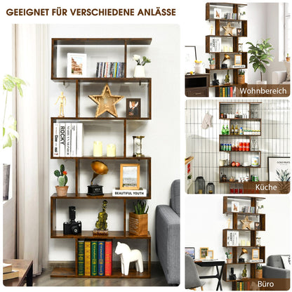 Bücherregal, Bücherregal 6 Ebenen, Standregal S-Form, Aufbewahrungsregal, Holz, Farbwahl-Braun, Costway, 4