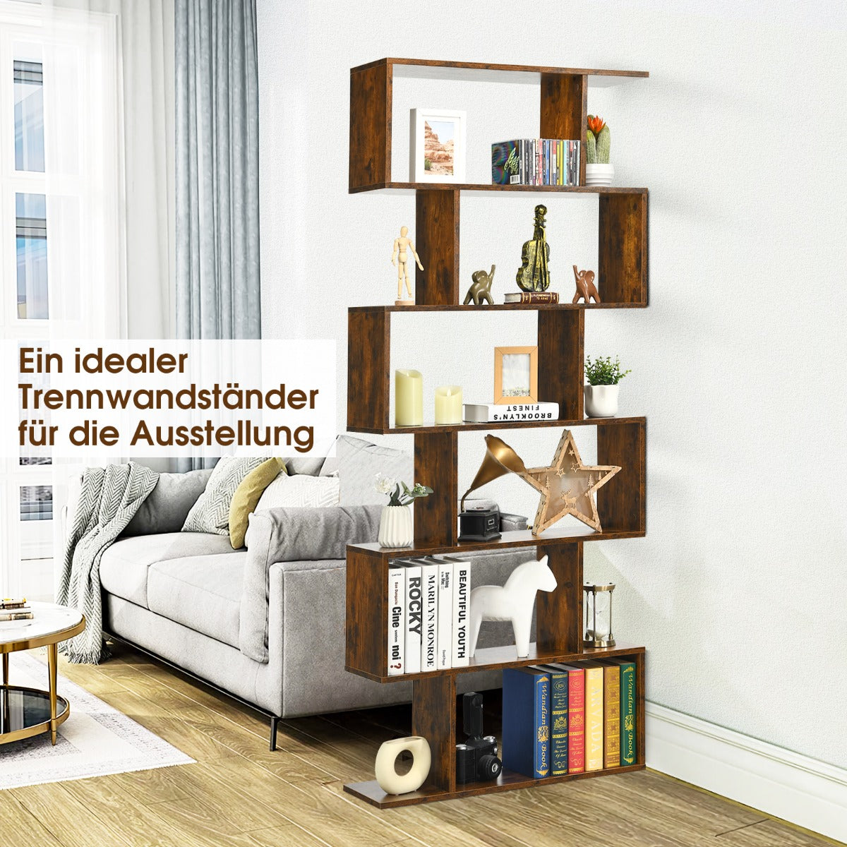 Bücherregal, Bücherregal 6 Ebenen, Standregal S-Form, Aufbewahrungsregal, Holz, Farbwahl-Braun, Costway, 7