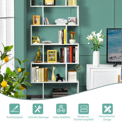 Bücherregal, Bücherregal mit 6 Ebenen, S-Form Standregal, Aufbewahrungsregal, Holz, Farbwahl-Weiß, Costway, 2
