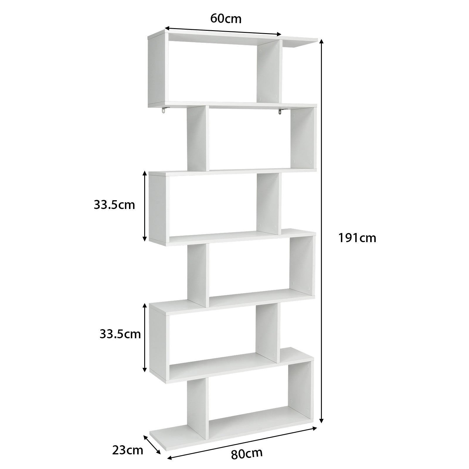 Bücherregal, Bücherregal mit 6 Ebenen, S-Form Standregal, Aufbewahrungsregal, Holz, Farbwahl-Weiß, Costway, 6
