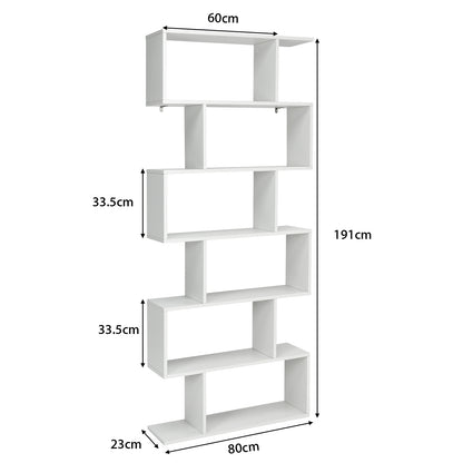 Bücherregal, Bücherregal mit 6 Ebenen, S-Form Standregal, Aufbewahrungsregal, Holz, Farbwahl-Weiß, Costway, 6