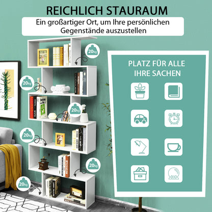 Bücherregal, Bücherregal mit 6 Ebenen, S-Form Standregal, Aufbewahrungsregal, Holz, Farbwahl-Weiß, Costway, 3