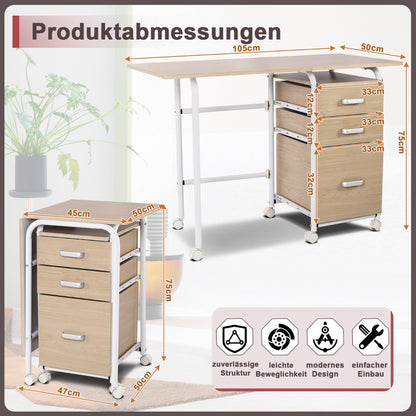 Costway - Klappbarer Computertisch mit 3 Schubladen Schreibtisch 105 x 50 x 75 cm Natur