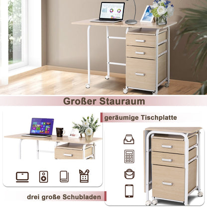 Costway - Klappbarer Computertisch mit 3 Schubladen Schreibtisch 105 x 50 x 75 cm Natur