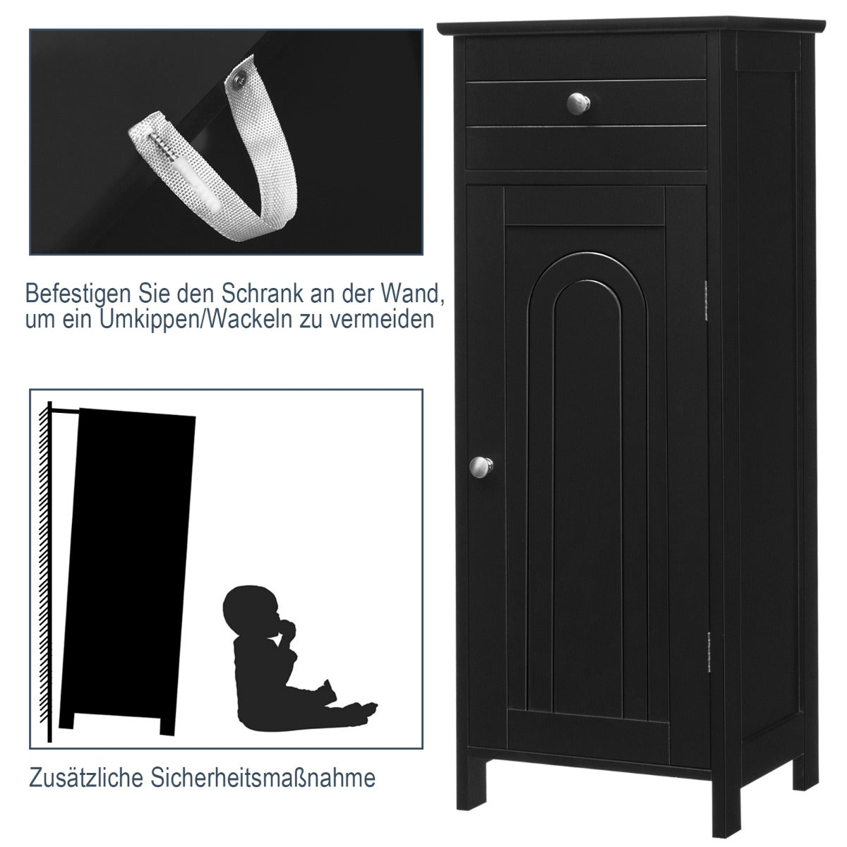Costway Badezimmer-Bodenschrank freistehender Schrank mit 1 großen Schublade & 2 verstellbaren Regale  Schwarz