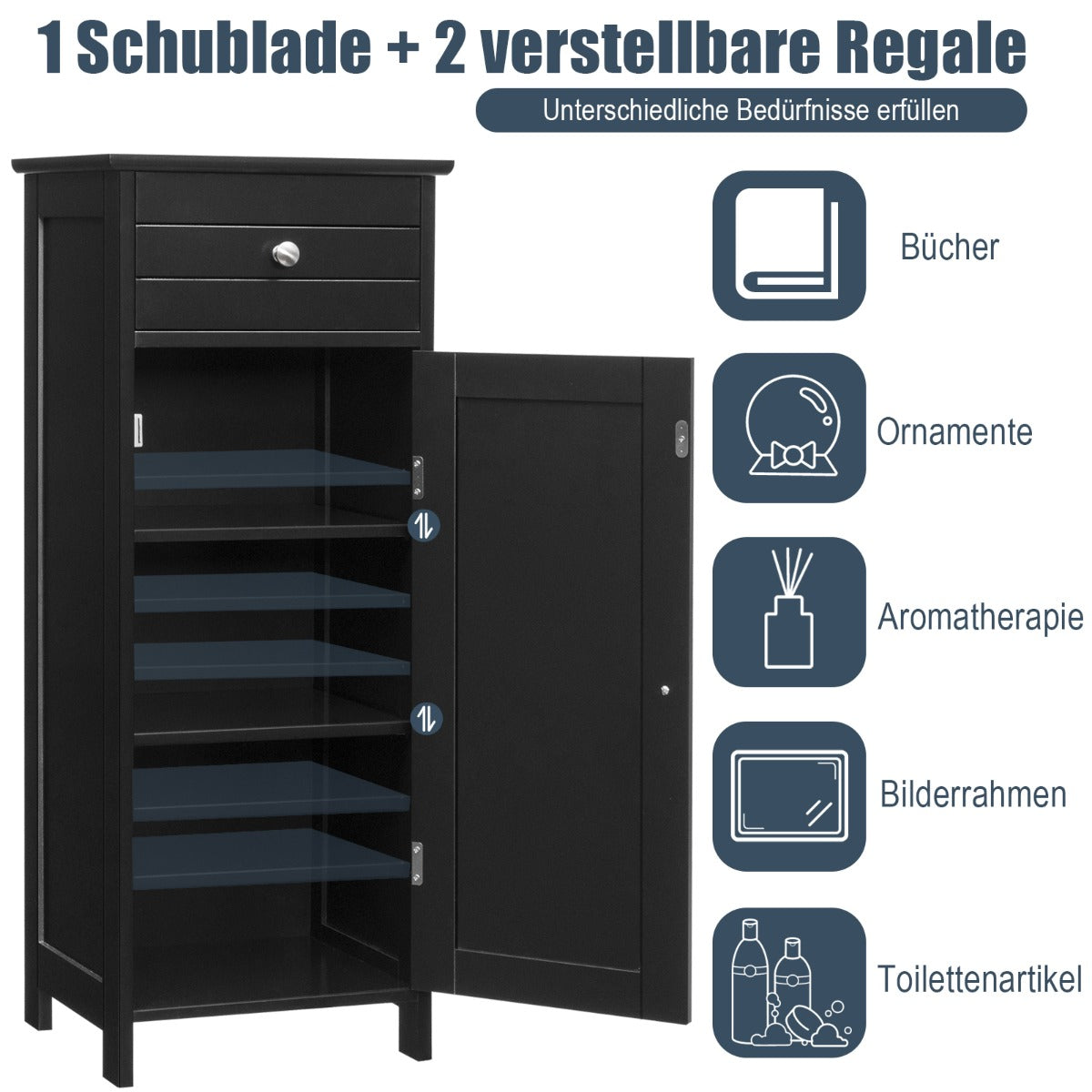 Costway Badezimmer-Bodenschrank freistehender Schrank mit 1 großen Schublade & 2 verstellbaren Regale  Schwarz