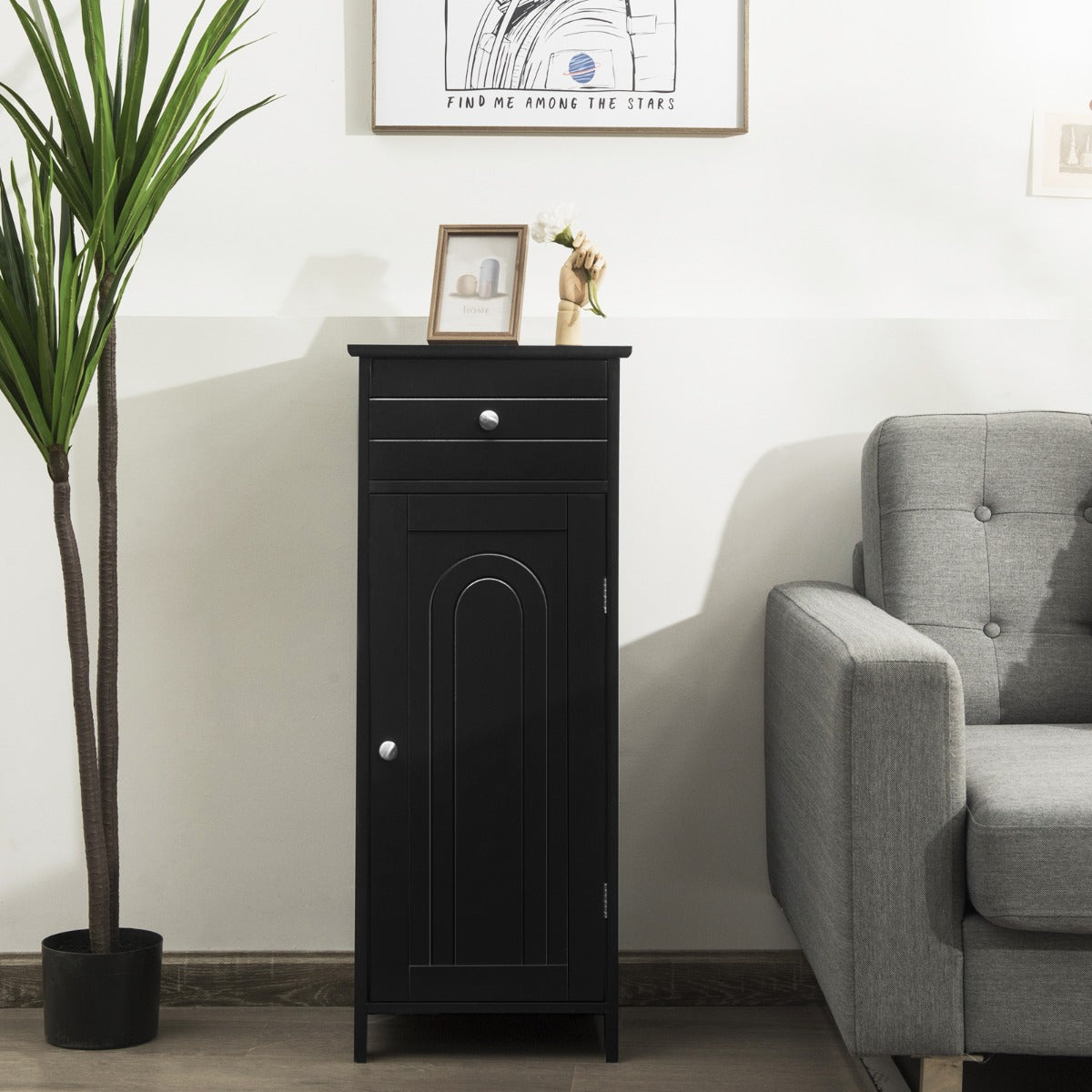 Costway Badezimmer-Bodenschrank freistehender Schrank mit 1 großen Schublade & 2 verstellbaren Regale  Schwarz