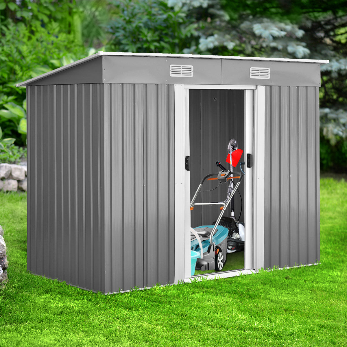 Geräteschuppen, Gartenschrank Wetterfest, Gerätehaus metall,  mit 2 Schiebetüren, Outdoor Schrank, Costway, 1