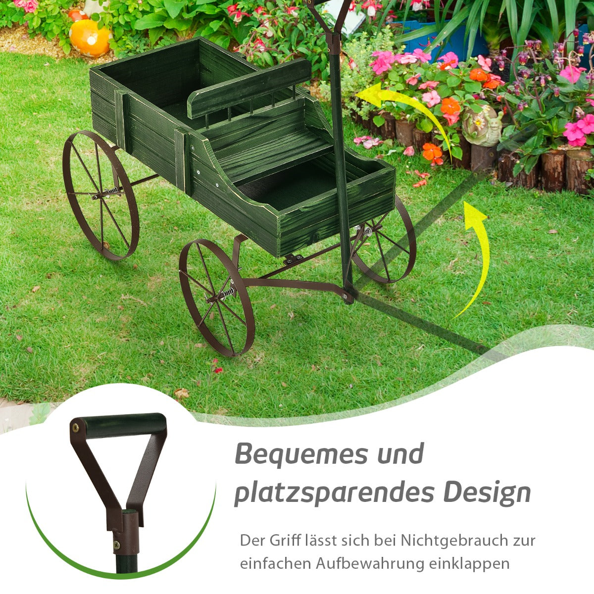 Blumenständer, Pflanzenregal, Holzwagen-Blumenkasten, dekorativer Blumenkasten mit Rädern, 62 x 34 x 60 cm, Grün, Costway, 6