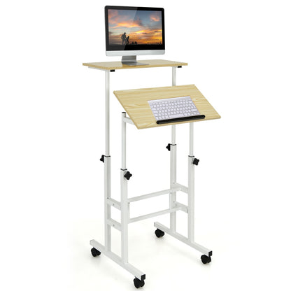 Costway - Schreibtisch, Sitz-Steh-Schreibtisch. Stehschreibtisch, höhenverstellbar, rollender, Weiß + Natur