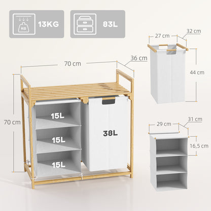Wäschekorb, 83L, Wäschesammler, 4 Fächer, Wäschebox, Badezimmer Regal, mit offene Ablagen, Bambus, Weiß, HOMCOM, 3