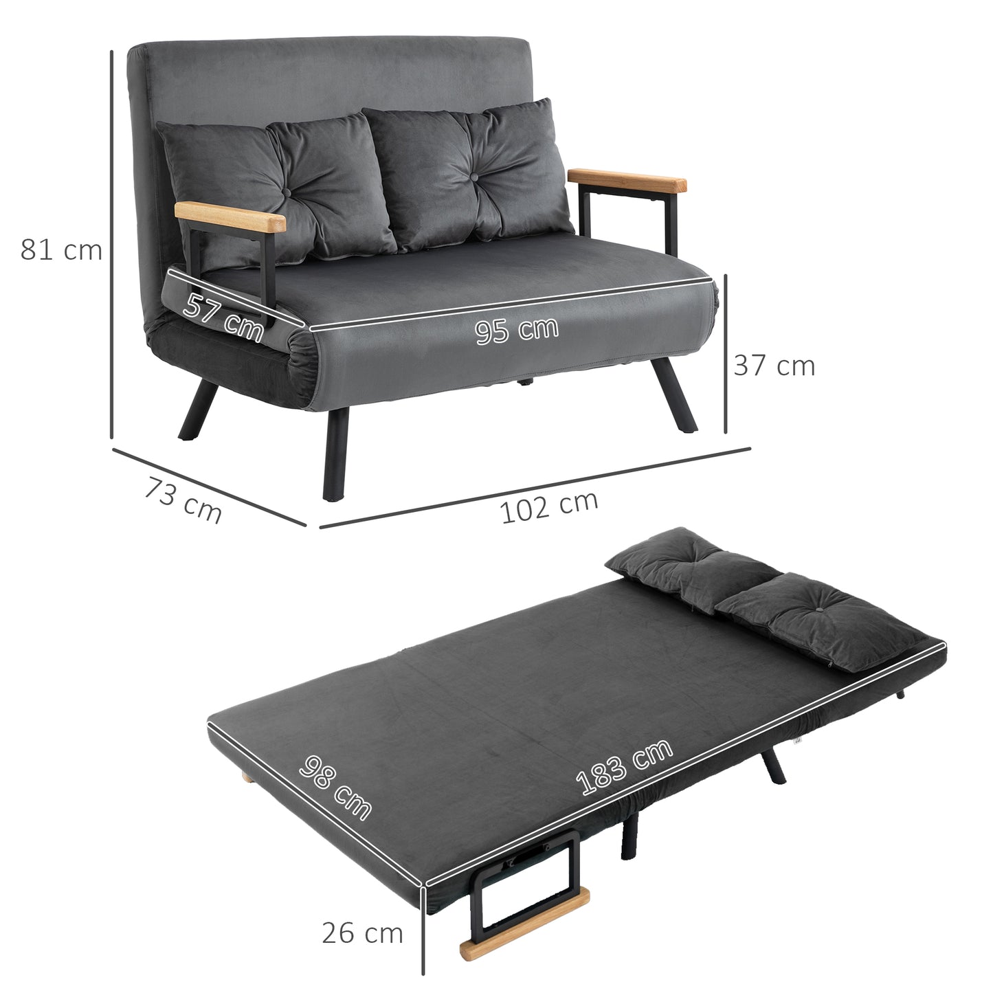 HOMCOM - Schlafsofa mit Bettkasten Couch mit Schlaffunktion Schlafcouch mit Samtoptik Rückenkissen 102 x 73 x 81 cm, Dunkelgrau