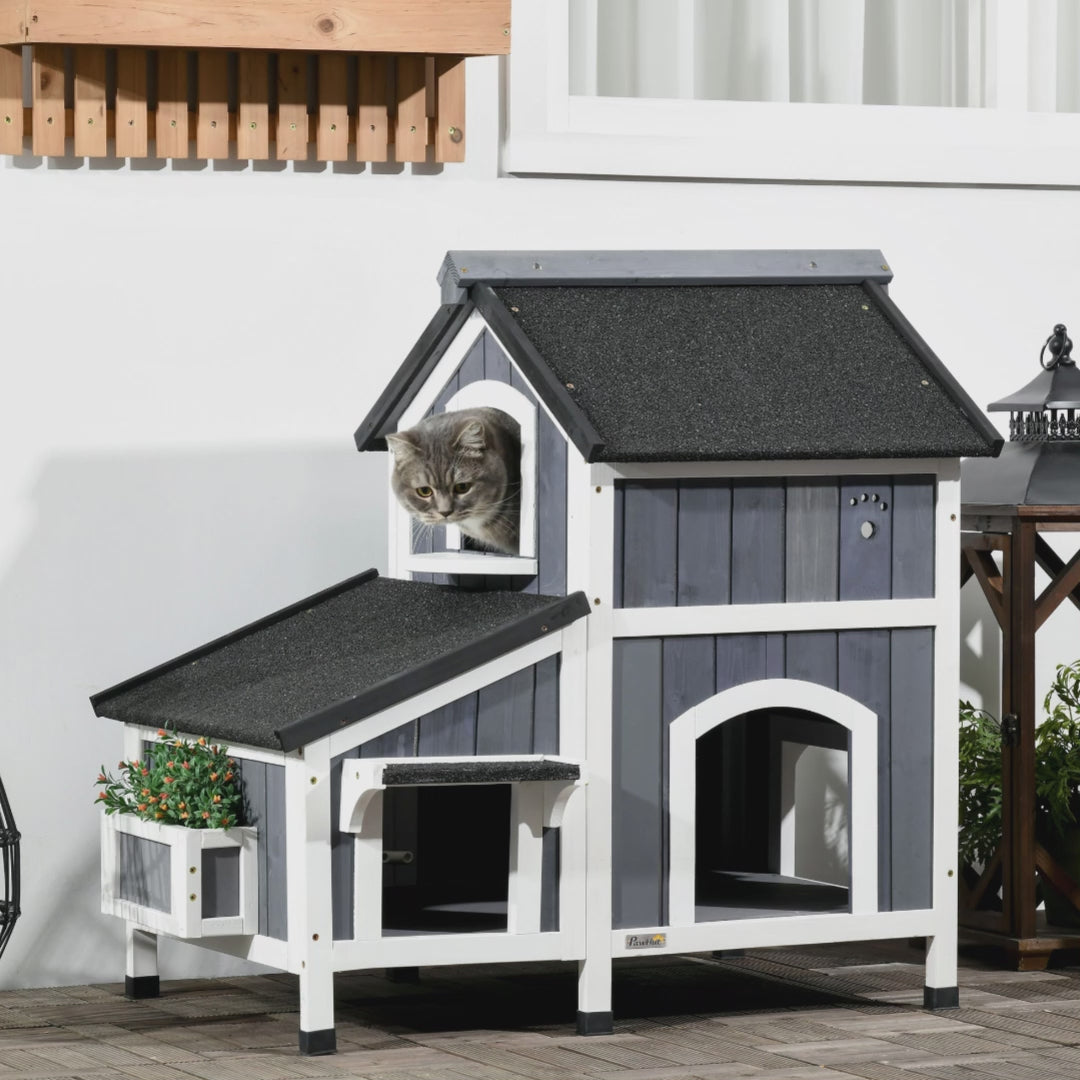Katzenhaus, Tannenholz, Katzenhütte mit mehreren Eingängen, Kleintierhaus mit Asphaltadach, PawHut